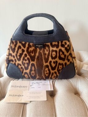 Rare Vintage YSL Rive Gauche Leopard Calf Hair Satchel Bag Full Set